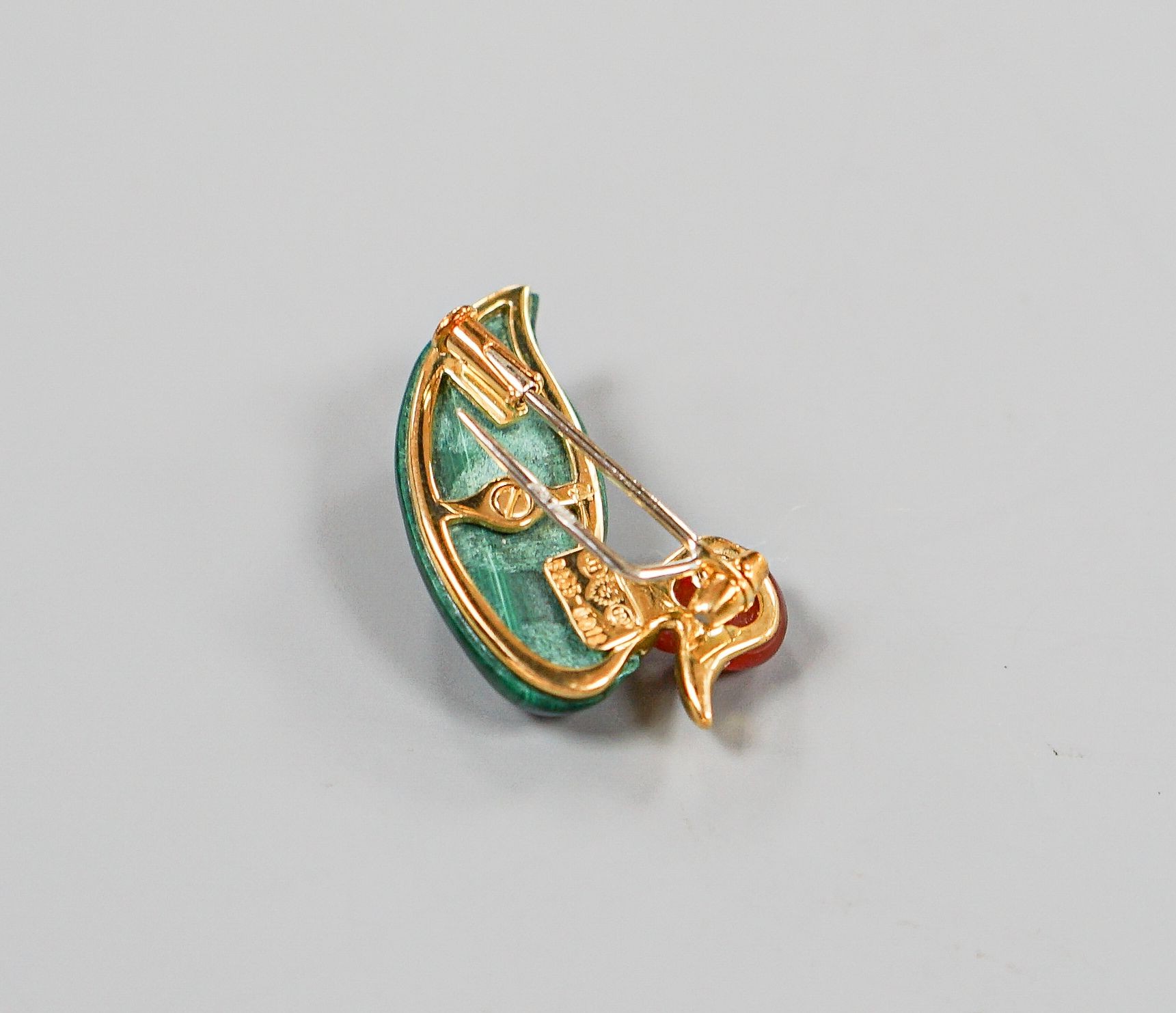 A modern 18ct gold, malachite, carnelian and diamond set clip brooch, modelled as a duck